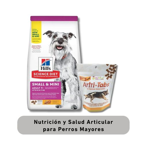 Combo Hill’s Science Diet Small & Mini Adult 7+ 4,5 LBS + Artri Tabs Bolsa 45 Nuggets